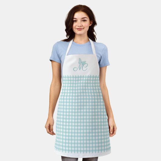 Chic Turquoise Butterfly Monogram Gingham Karo Schürze (Getragen)
