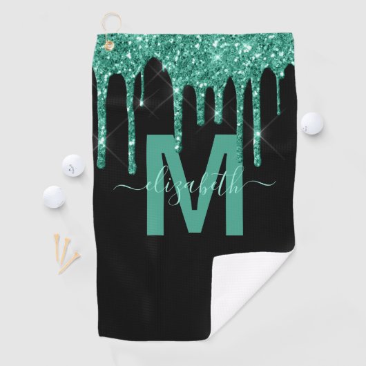 Chic Turquoise Drift Glitzer Monogram Name Golfhandtuch (Insitu)