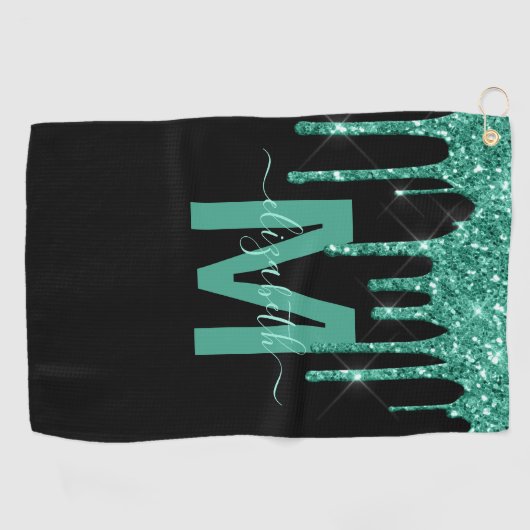 Chic Turquoise Drift Glitzer Monogram Name Golfhandtuch (Horizontal)