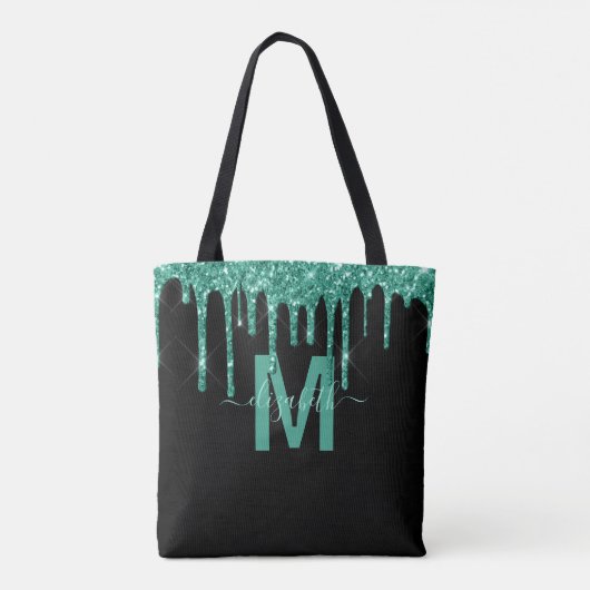 Chic Turquoise Drift Glitzer Monogram Name Tasche (Rückseite)