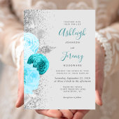 Chic Turquoise Floral Silver Glitzer Gray Wedding Einladung
