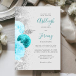 Chic Turquoise Floral Silver Glitzer Gray Wedding Einladung<br><div class="desc">Die links Seite dieses eleganten, modernen Hochzeitseinladens besticht durch einen Blumenstrauß in türkisfarbenen und hellblauen Farbtönen, besticht durch silberne Imitate und Imitate Glitzer und besticht durch einen Glitzer aus silbernen Imitaten. Der anpassbare Text kombiniert türkisfarbenes Schriftzeichen mit kohlegrauem Kupferstich und kursiven Schriftart auf hellgrauem Hintergrund. Auf der Rückseite ist ein...</div>