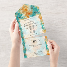 Chic Turquoise Orange Blume Hochzeit All In One Einladung