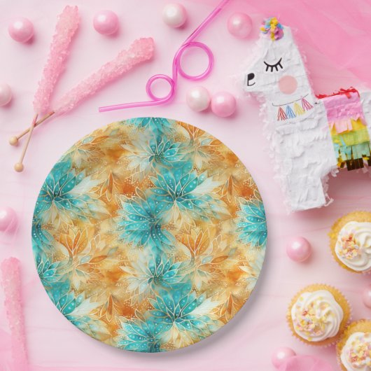 Chic Turquoise Orange Blume Pappteller (Party)