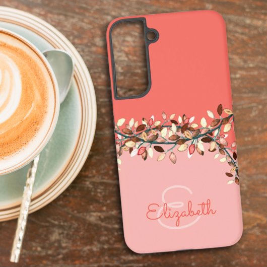 Chic Two Tone Coral Add a Name Monogram Blätter Samsung Galaxy Hülle