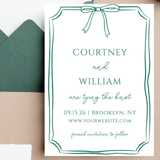 Chic Tying the Knot Hand Gezeichnet Bow Emerald Gr Save The Date