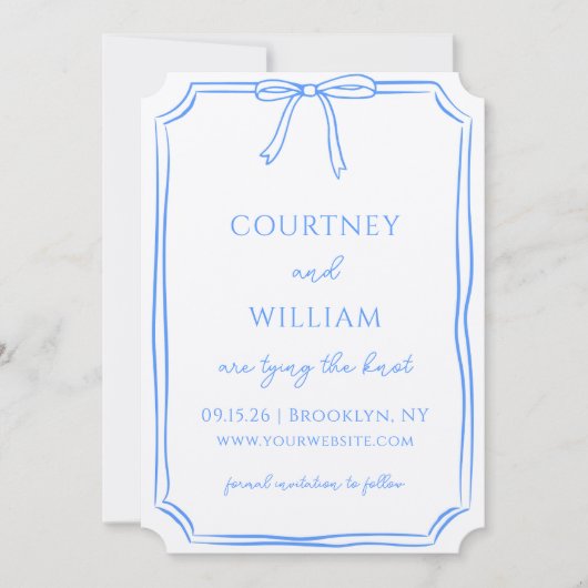 Chic Tying the Knoten Hand Gezeichnet Bow Whimsica Save The Date (Vorderseite)