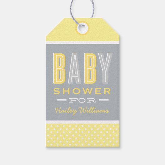Chic Type Baby Dusche Gelb und Grau Geschenkanhänger (Vorderseite)