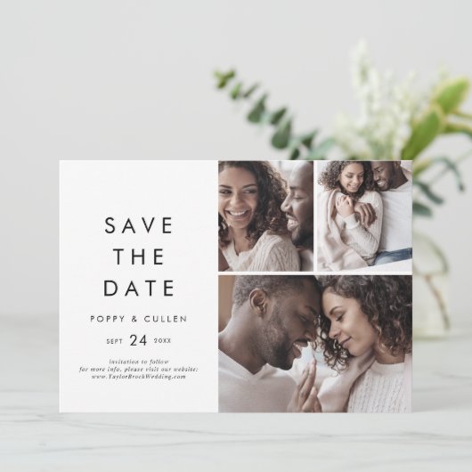 Chic Typografie 3 FotoCollage Save The Date (Stehend Vorderseite)