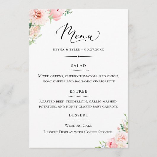 Chic Typografy Blush Pink Floral Wedding Menükarte (Vorderseite)