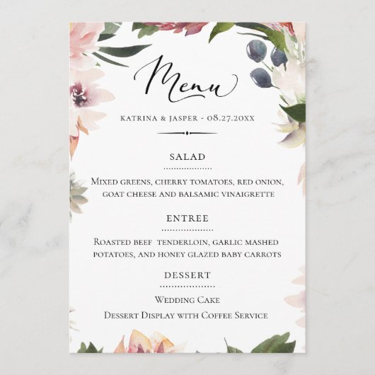 Chic Typografy Blush Pum Floral Wedding Menükarte (Vorderseite)