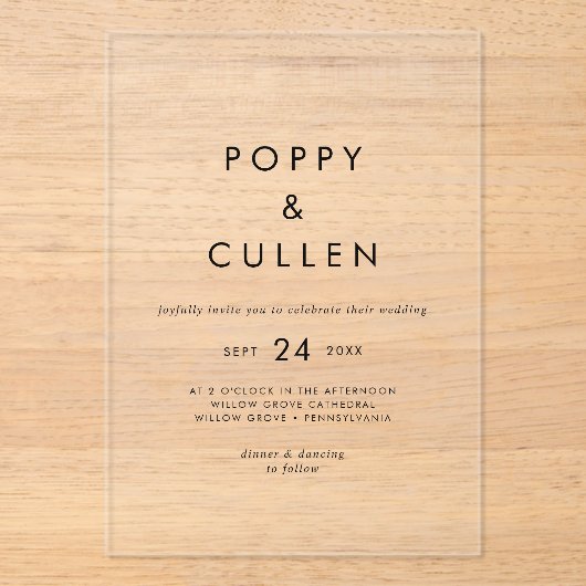 Chic Typografy Rustic Modern Boho Simple Wedding Acryleinladungen (Vorderseite)