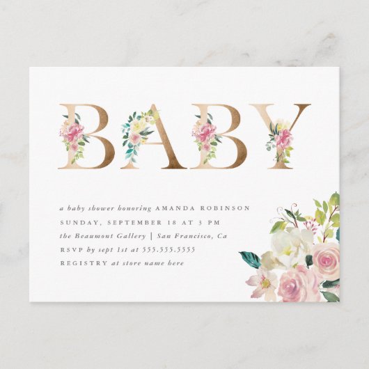 Chic Typografy Watercolor Floral Gold Baby Dusche Einladungspostkarte (Vorderseite)