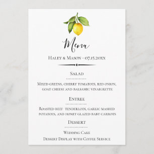 Chic Typografy Watercolor Lemon Wedding Menükarte