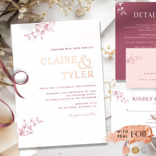 Chic Typografy Wedding Burgundy und Rose Gold Folieneinladung