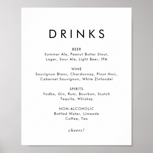Chic Typografy Wedding Drinks Menu Sign Poster (Vorne)