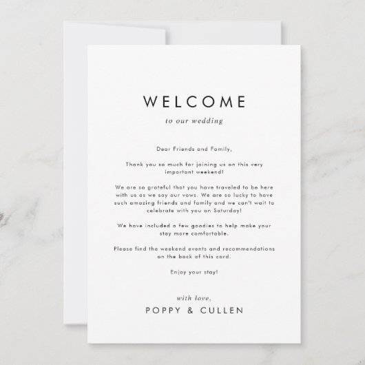 Chic Typografy Wedding Welcome Letter & Itinerary (Vorderseite)