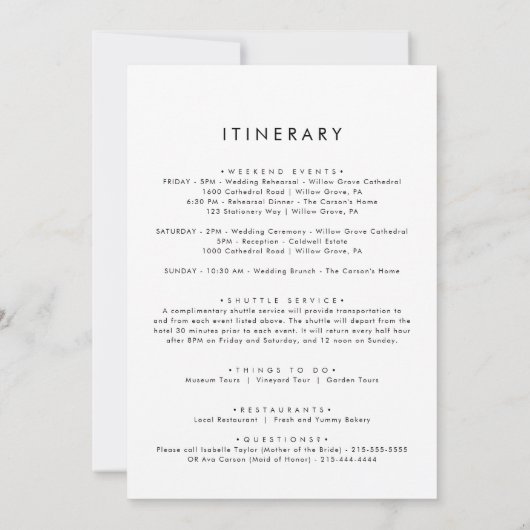 Chic Typografy Wedding Welcome Letter & Itinerary (Rückseite)