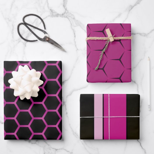 Chic und Trendy Magenta Rosa und Schwarz Glossie Geschenkpapier Set (Vorderseite)
