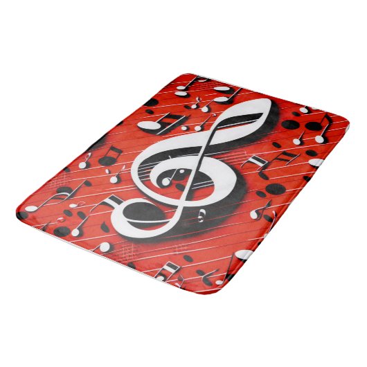 Chic und trendy Red White and Black Clef Notes Badematte (Schrägansicht)