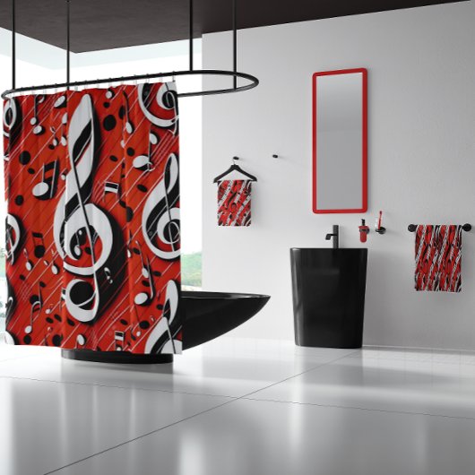 Chic und trendy Red White and Black Clef Notes Duschvorhang