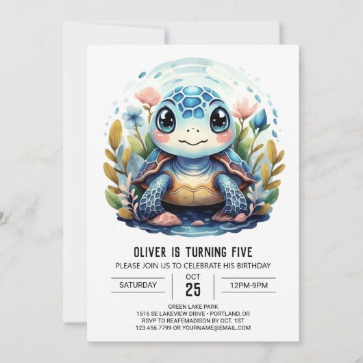 Chic Under Sea Blue Turtle Boy Birthday Einladung (Vorderseite)