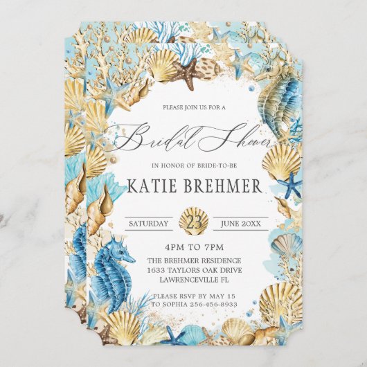 Chic Under Sea Mermaid Brautparty Blue Gold Einladung (Vorne/Hinten)