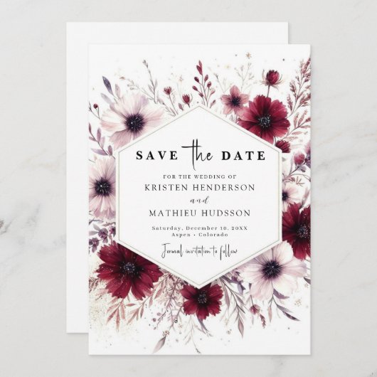 Chic Unique Burgundy Wedding Save The Date (Vorne/Hinten)