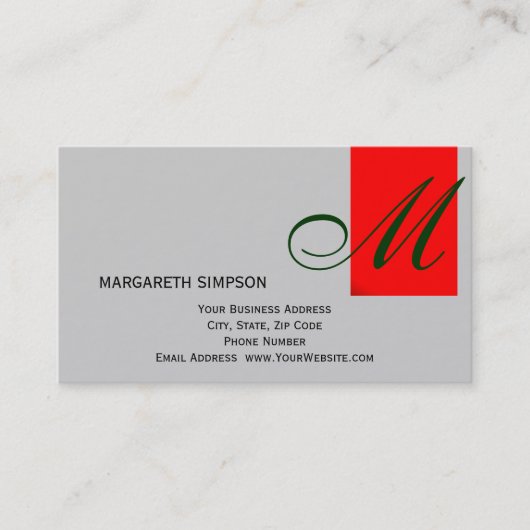 Chic Unique Monogram Gray Red Business Card Visitenkarte (Vorderseite)
