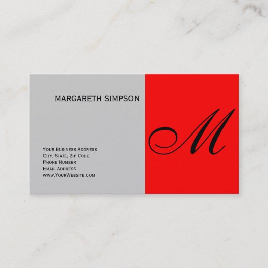 Chic Unique Monogram Gray Red Business Card Visitenkarte (Vorderseite)