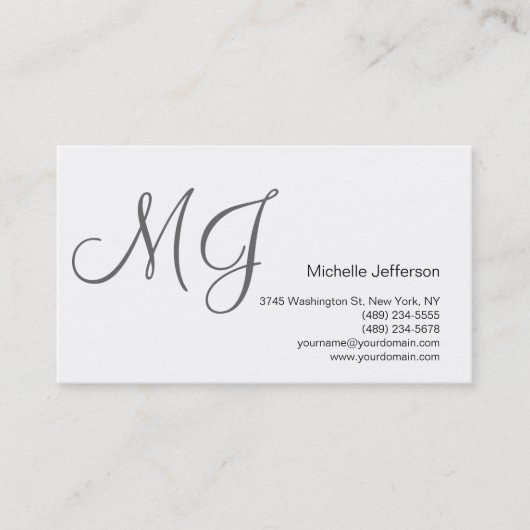 Chic Unique Monogram White Gray Business Card Visitenkarte (Vorderseite)