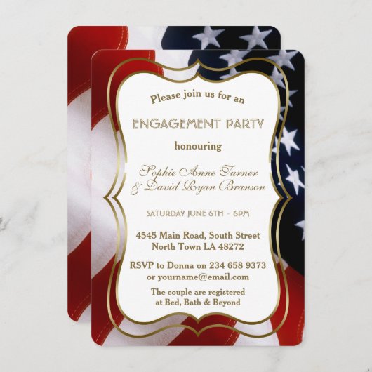 Chic USA Flag Gold Engagement Party Einladung (Vorne/Hinten)