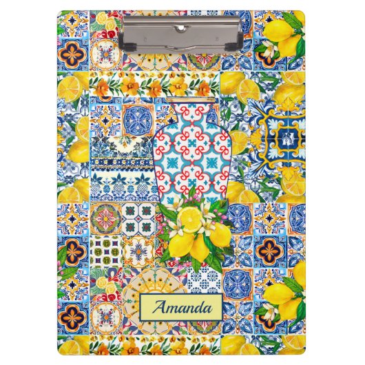 Chic Vase Mediterrane Orangenfliesen Monogramm Klemmbrett (Vorderseite)