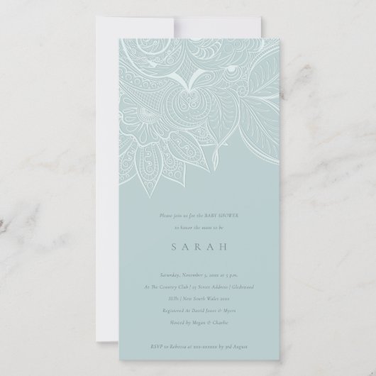 Chic Verziert Paisley Dusky Blue Baby Dusche einla Dankeskarte (Vorderseite)