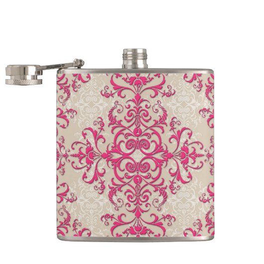 Chic Viktorianisch Style Floral Damask Muster Pink Flachmann (Geöffnet)