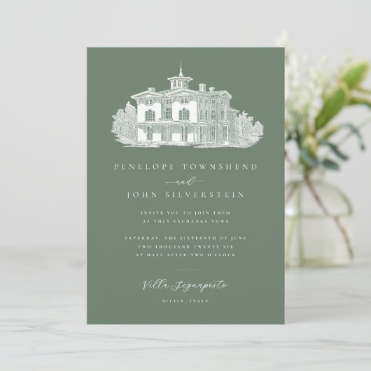 Chic Villa Illustration Sage Green Italian Wedding Einladung (Stehend Vorderseite)
