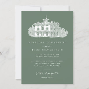 Chic Villa Illustration Sage Green Italian Wedding Einladung
