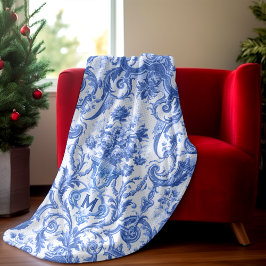 Chic Vintag Blue Toile de jouy monogram Fleecedecke