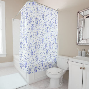 Chic Vintag Cupid Angels Floral Blue White Toile Duschvorhang