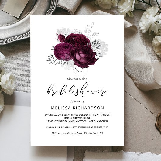 Chic Vintag Floral Burgundy Silver Brautparty Einladung