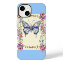 Chic Vintag Floral Butterfly iPhone 14 Case Blue