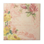 Chic Vintag Floral Tile Fliese<br><div class="desc">Romantisches und nostalgisches Design mit Text aus der französischen Werbung, heitere Rose in Gelb und Rosa und gravierte Schnörkel auf einem sanft gealterten rosa Trellis Hintergrund.</div>
