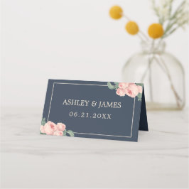 Chic Vintag Pink Rose Dark Blue Wedding Platzkarte