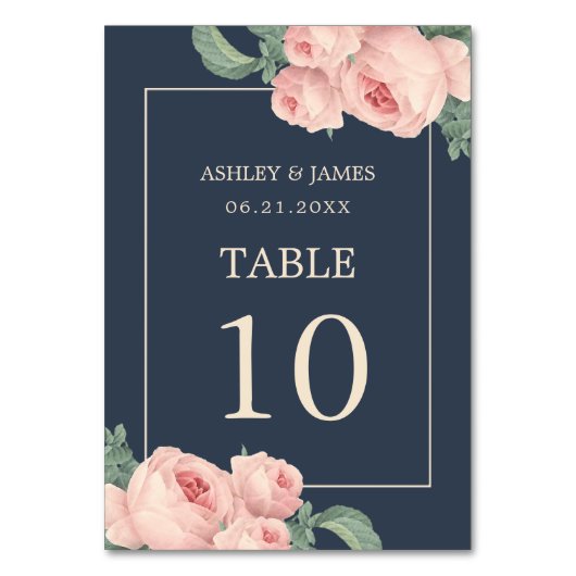 Chic Vintag Pink Rose Dark Blue Wedding Tischnummer (Vorderseite)