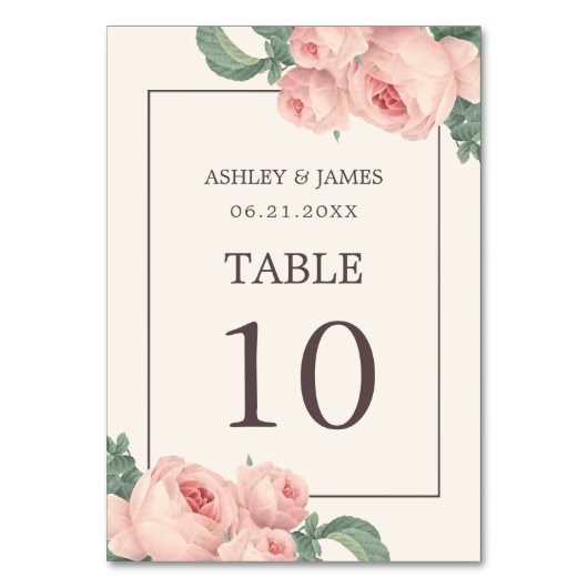 Chic Vintag Pink Rose Off-White Wedding Tischnummer (Vorderseite)