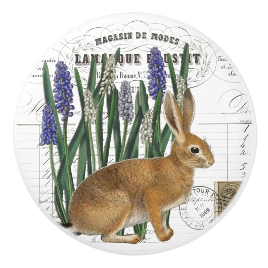 Chic Vintag Rabbit & Muscari Französisch Drehknopf Keramikknauf (Vorderseite)