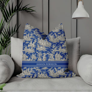 Chic vintage dunkelblau toile de jouy gedruckt kissen
