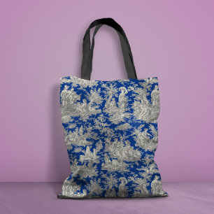 Chic Vintage dunkelblaue Toile de jouy bedruckt Tasche
