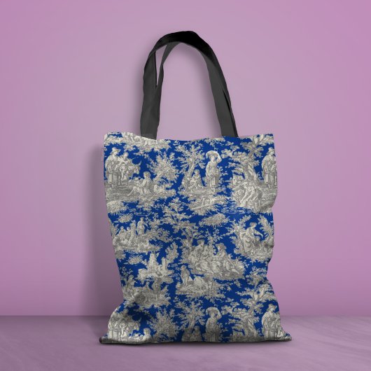 Chic Vintage dunkelblaue Toile de jouy bedruckt Tasche