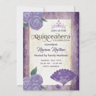 Chic Vintage Hand Fan lila Rose Tiara Quince Einladung